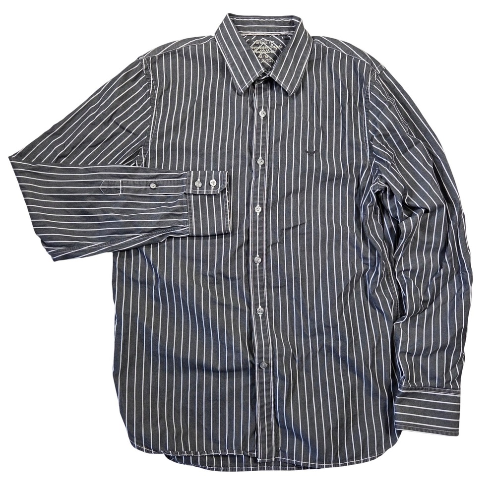 American Eagle Mens Medium Vintage Fit Pinstripe Button Down Shirt Charcoal Gray